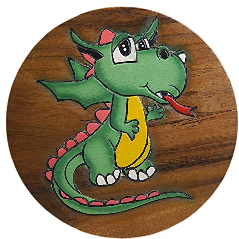 ART-CRAFT Vielseitiger Kinderhocker Holzhocker rund aus Massivholz Tiermotiv Drache mit vielen Einsatz Möglichkeiten
