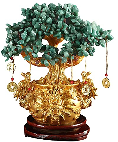Feng Shui Chinesischer Kupfer-Geldbaum, Ornament, grüner Aventurin-Kristall, Baum in Geldbeutel, Glücksbringer, Bonsai, lockt Freunde an und reduziert Angst, spirituelles Geschenk, W4658-Grün, klein
