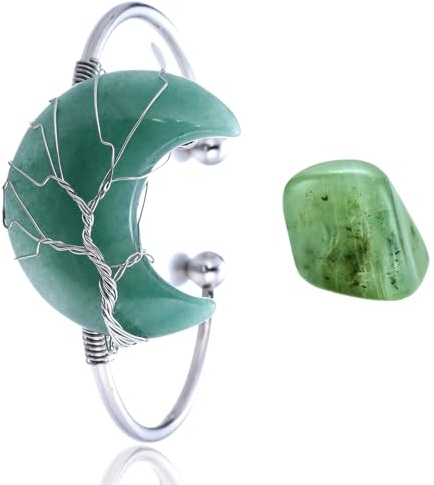 HALUKAKAH Bracciale in Cristallo di Pietra Naturale - LUNA AMORE - Filo Avvolgente Albero della Vita Placcato in Platino Fatto a Mano,Ciondolo in Forma di Luna in Giada Verde Misura Regolabile