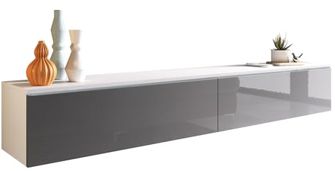 Mirjan24 TV Lowboard Stone, TV Schrank, Fernsehschrank, Grifflose Öffnen, Hängeschrank Hochglanz Matt Wohnwand (Weiß/Grau Hochglanz, Modell: 180 / ohne LED Beleuchtung)