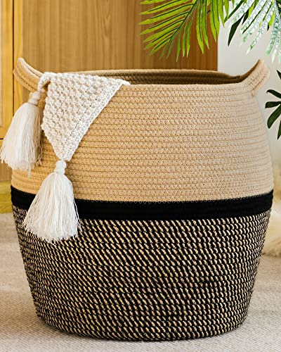 KAKAMAY Woven Baskets for Storage(17x17),Large Cotton Rope Woven Baby Laundry Hamper,Collapsible Laundry Basket, Blanket Basket for Organizing Living Room,Nursery,Clothes,Toy chest (Black)