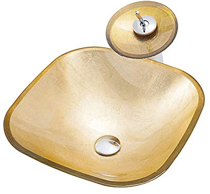 SXLSZ Aufsatzwaschbecken Goldenes Glaswaschbecken Bad Waschbecken Aufsatz, Modern Handwaschbecken G?ste Wc Top-Quadratisch mit Wasserhahn
