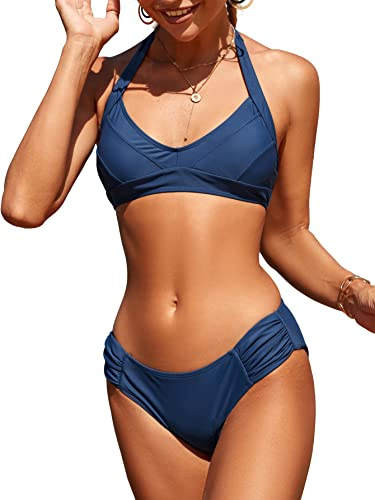Women's Bikini Set Solid Halter Two Piece Bathing Suit Swimsuit Blue