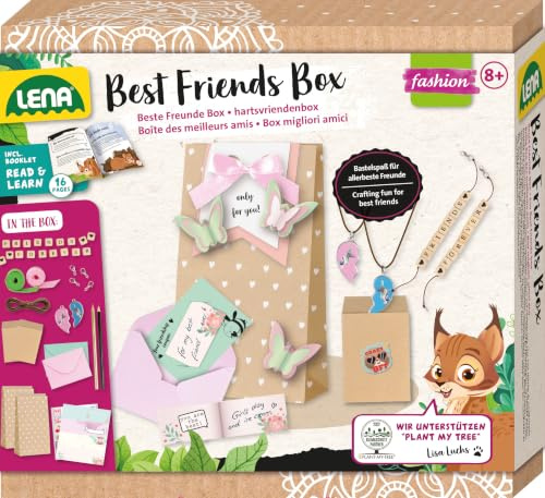 Lena 42833 - Bastelset Beste Freunde Box | 2 Freundschaftsbändern mit Perlen und Ketten mit Herzanhänger, Geschenktüten, Karten und Begleitheft, für Kinder ab 8 Jahren