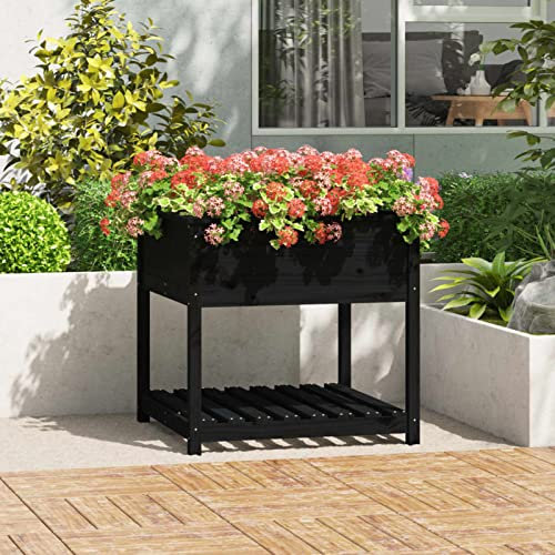 JUNZAI Jardinière avec étagère Noir 82,5x82,5x81 cm Bois Massif de pin,Jardinières,Jardinieres Exterieur,Bac Jardiniere,Bac à Fleurs Extérieur,Jardinieres Balcon