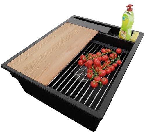 PRIMAGRAN Evier Cuisine en Granit Noir 43x53cm, Lavabo 1 bac + Kit de Vidage + Accessoires, Évier à Encastrer al mueble 45cm - Oslo Pocket S095
