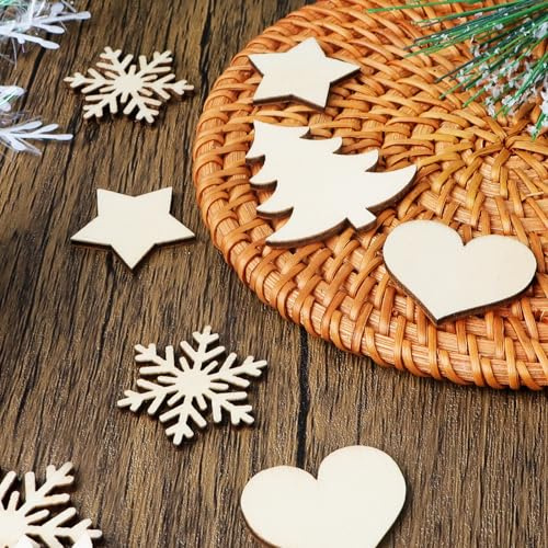 COLOFALLA 60 Stücke Streudeko Weihnachten Konfetti Holz Weihnachtsdeko Weihnachten Tischdeko zum Basteln Stern Weihnachtsbaum Schneeflocke Herz Konfetti DIY