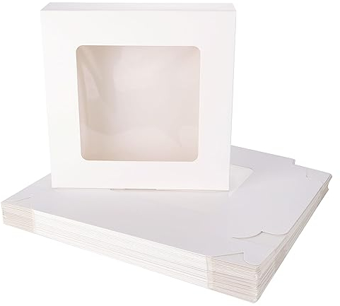 VIDETOL 24 Stück Tortenschachtel mit Sichtfenster, 25 x 25 x 6.5 cm Kuchenboxen, Tortenkarton mit Sichtfenster, Kuchen Transportbox Pappe, Weiß Gebäckkarton mit Aufkleber für Kekse, Dessert, Kuchen