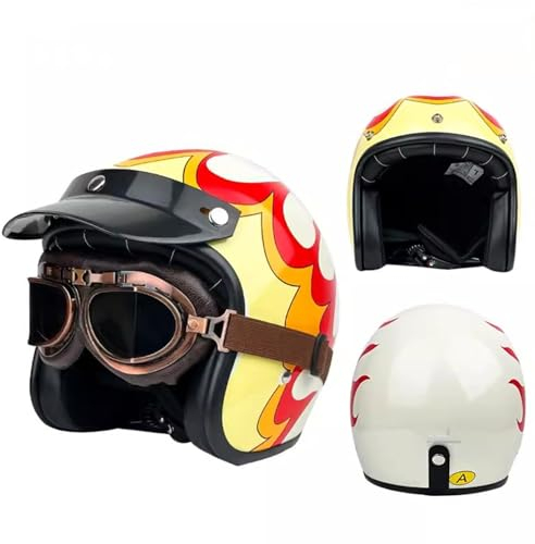 QJWMatic Retro-Motorradhelm Offener Helm Moped-Roller Halber Helm Mit Schutzbrille Für Herren Und Damen DOT/ECE-Geprüft C,L57-58CM