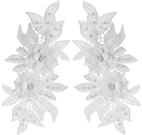 Qililandiy 2 Stück Spitze Kleidung Patches Set Blumen mit Perlen Aufnäher Kleidung Flicken Stylische Applikation für Kleidung Abendkleid Deko Weiß