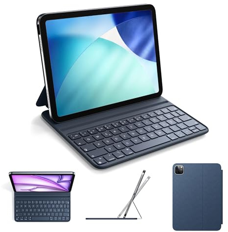 HOU Smart Folio Tastaturhülle für iPad Air 11″ M4/M3/M2,Air 5/4. Generation | für iPad Pro 11 zoll 4./3./2./1. Generation, schlank und leicht, Semi-Silikon, 2 Aufstellwinkel, QWERTZ, Blau