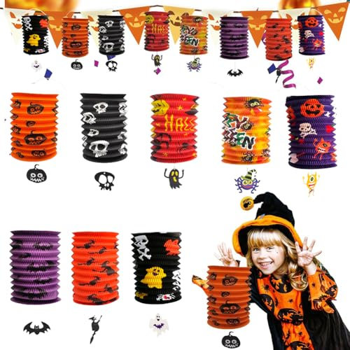 UZNIYTR Linterna de Papel Plegable de Halloween, 8 Piezas Linternas de Halloween, Linterna Decoración De Jardín, Raqueta de araña farolillos de Calabaza para Decoración de Martin/Halloween/Fiesta