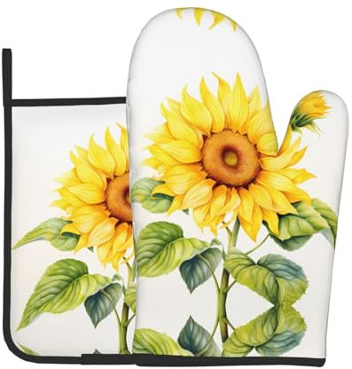 YYHWHJDE Set di 2 guanti da forno e presine con immagine di girasole ad acquerello, utilizzati per aprire i coperchi delle pentole in cucina e per trasportare piatti dai forni a microonde