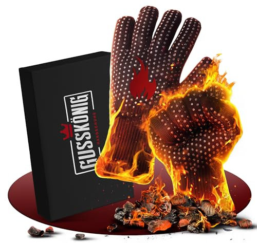 GUSSKÖNIG Grillhandschuhe hitzebeständig bis 800 Grad (S) - feuerfeste Handschuhe aus Aramid - Grillhandschuh Kochhandschuhe für Indoor&Outdoor Kochen (Rot)