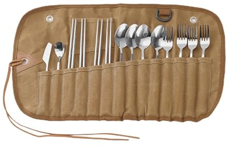 Estuche para utensilios, Bolsa para utensilios de camping,Bolsa enrollable para cubiertos - Bolsa de almacenamiento de vajilla con múltiples ranuras para exteriores, bolsa de lona, organizadores de