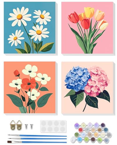 DOMROM Paint by Number for Adults Framed Canvas, 4 Pack Paint by Number Kits Flowers Arts and Crafts for Beginner, Easy DIY Daisy Tulip Hydrangea Acrylic Oil Painting Number Kit for Home Decor(8X8in)