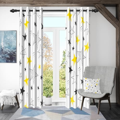 ggaimwf 107x160cm Cortina con Ojales de Dibujos Animados para Dormitorio Infantil Espacio de Estrella Blanca Amarilla Cortinas Opacas con Ojales para la habitación de un niño,2 Panels