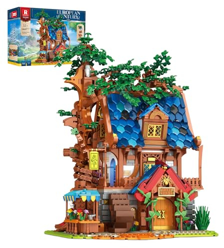 Reobrix Mittelalterliches Baumhaus Beleuchtungsbaustein Set, Architektur Sammeldisplay oder Heimbüro Dekor, Europäischer Kreativbausatz 66008, Geschenke für Erwachsene, 14 Jahren