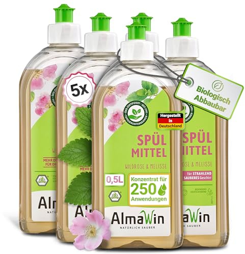 AlmaWin® Spülmittel Öko [5x 500ml] mit Wildrose & Melisse-Duft - Kraftvolles Geschirrspülmittel flüssig mit hoher Fettlösekraft - Vegan Dish Soap - Biologisch abbaubares & ergiebiges Konzentrat