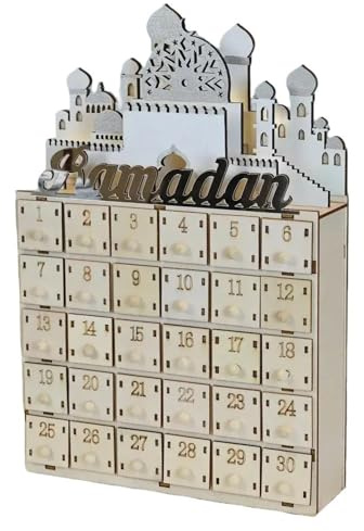 Calendario per conto alla rovescia con luce LED e cassetti per 30 giorni, decorazioni per l'avvento in legno per islamici, celebrazioni domestiche, calendario Eid Ramadans