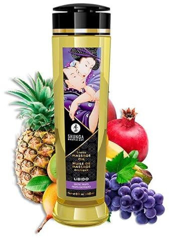 Aceite de Masaje Erótico Frutas Exóticas, Compuesto por una Mezcla de Aceites Esenciales de almendras dulces, semillas de uva, sésamo, aguacate, esencia pura de Ylang-Ylang y Yohime.