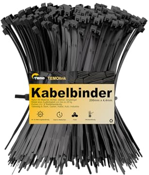 TEMOLink 100 stycken kabelbinder svart, 200 x 4,4 mm, UV-beständiga kabelbinder, 28 kg draghållfasthet, självsäkra, väderbeständiga för kabelhantering, trädgård, kontor och verkstad
