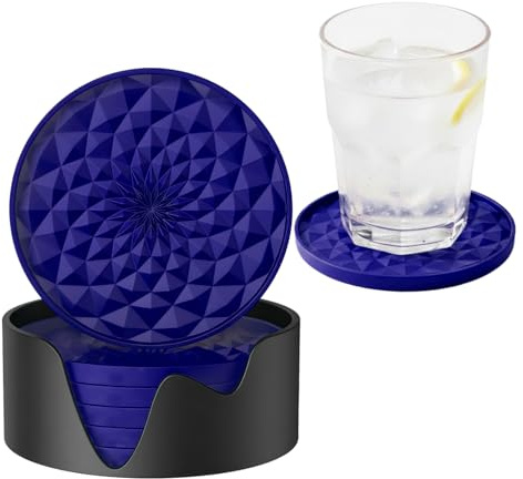 6 Stück Silikon Untersetzer für Gläser, rutschfeste Getränkeuntersetzer mit Vertieftem Tablett & Halterung, Perfekt für Küche, Garten, Party (6, Marineblau)