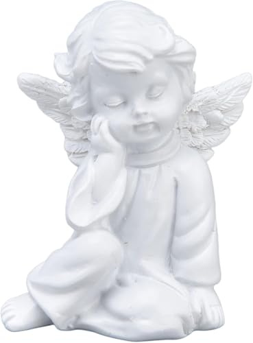 Cherubs Angels Engelfigur, Nachdenken, 5.5 x 6 cm | Kunstharz Kleine Engelsstatuen, Wetterfest Grabengel Skulptur für Garten, Gedenkstätte, House
