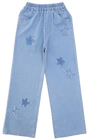 Pantalon d'entraînement pour enfants et filles Mode Mignon Personnalité Pantalons Taille élastique Jambe large Jeans décontracté Demin Pantalons avec poches, bleu ciel, 16-17 ans