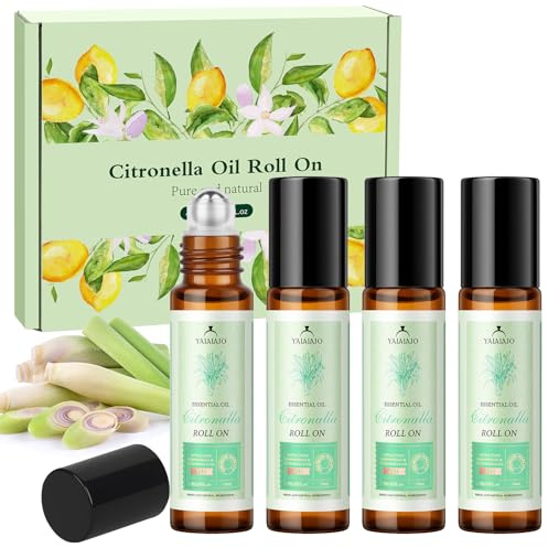 Citronella Ätherische Öle Roll-on Set für Outdoor– 4 x 10 mlAromatherapie Natürliches Zitronenöl - Citronella Öl Ideal für Camping, Wandern– Entspannung Geschenk für Frauen und Männer zum Geburtstag