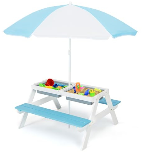 COSTWAY 3 in 1 Kinder Picknicktisch, Gartentisch mit Sonnenschirm & Bänke, Kindersitzgruppe Outdoor aus Holz mit Abnehmbarer Tischplatte & 2 Spielboxen für Garten, Hinterhof, Terrasse (Weiß+Blau)