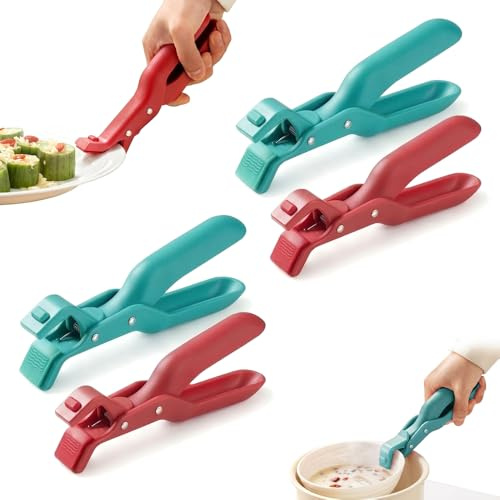 4 Pcs Hot Bowl Clip Dish Lifter Set, Anti-Scalding Plate Retriever Tongs, Heat Resistant Pan Grabber Gripper for Microwave, Oven, Air Fryer & Steamer, Kitchen Tool (Red & Green)