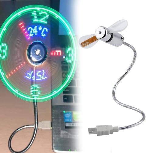 HItianya LED Clock Fan with Time and Temperature Display, Flexible Gooseneck Mini USB Desk Fan, Quiet Portable Cooling Gadget for Home Office Laptop PC, Safe Soft Blades,Plug and Play (1pc)