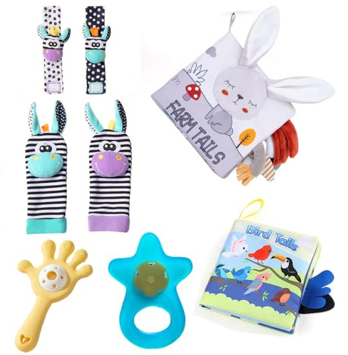 Rattle Socks and Wristbands for Baby, Rattle Toys with Doll and Foot Finder (2 Bracelets and 2 Socks) Learning and Educational Toys ，Silicone Baby Teething Toy