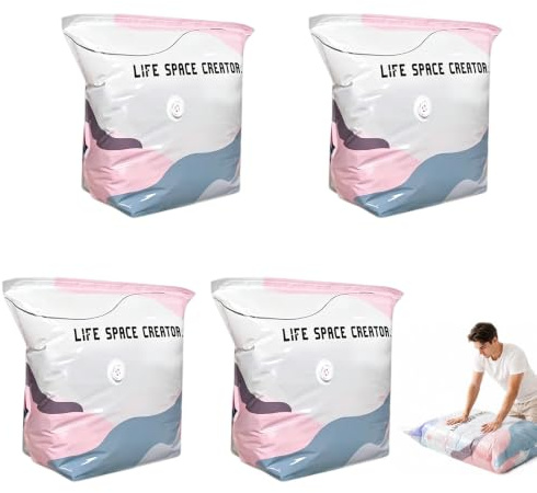 4 Stück Vakuumbeutel Ohne Pumpe - Vacuum Bags for Travel - Vacuum Bags for Clothing für Kleidung Kissen Bettdecken Decken (M:70×50×30cm)
