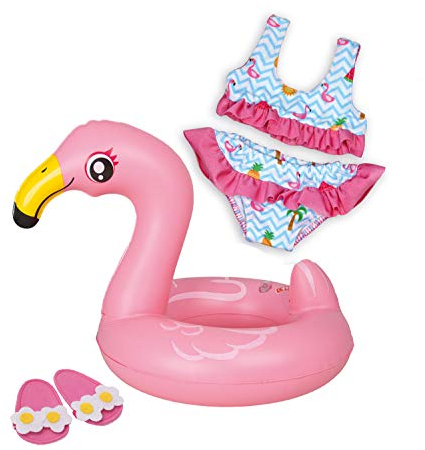 Heless 99 - Schwimm-Set für Puppen, 3 teilig, Flamingo Ella, Bikini, Flip Flops und Schwimmring, Größe 35-45 cm, für Badespaß an heißen Sommertagen