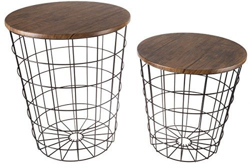 Lavish Home End Tables Set of 2 - Nesting Tables with Removable Wood Tops and Metal Basket Bases for Blanket Storage - Round Side Pieces for Living Room, Bedroom, or Home Office (Brown/Black)