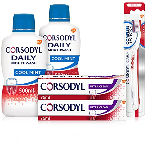 Corsodyl Gum Care Bundle for Healthy Gums: 2X Ultra Clean, 2X Daily Mouthwash Cool Mint 500ml, 1x Daily Toothbrush Soft