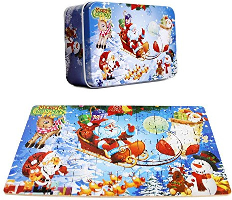 Oostifun OJIN 60 Stücke Holz Puzzle Frohe Weihnachten Weihnachten Weihnachtsmann Frühen Kinder Entwicklung Puzzle Holz Cartoon Spielzeug mit Metall Aufbewahrungsbox für Jungen & Mädchen (60 Pieces)