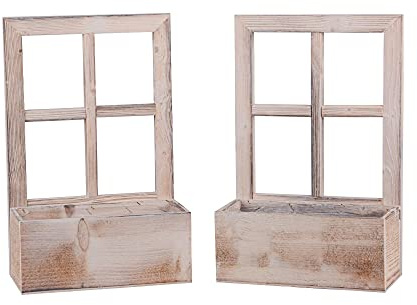UNUS Deko Fenster aus Holz mit Blumenkasten, rechteckig, 2 Stück, Weiß | Fensterrahmen im Vintage Design