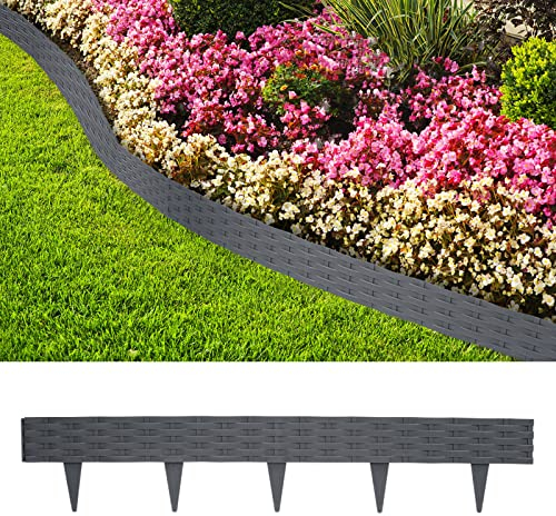 Aufun 10m Bordo Giardino con 10 elementi da 100 cm ciascuno, plastica flessibile, Recinzione Prato Bordatura per Aiuole Palizzata Orto Piante (Antracite)