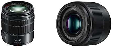 Panasonic H-FSA14140E Superzoom Objektiv LUMIX G, F3,5-5,6 II ASPH & H-H025E LUMIX G Festbrennweiten 25 mm F1.7 ASPH. Objektiv (Bildwinkel 47°, Filtergröße 46 mm, Naheinstellgrenze 0,25 m) schwarz