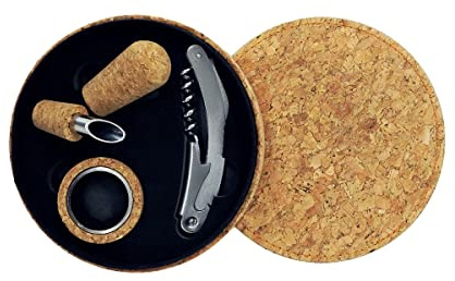 Fackelmann 49814 Weinflaschen-Set mit 3 Teilen, Korkenzieher, Weinverschluss, Tropf-Halskette, Rotwein-Box, Geschenkbox, Kork, Edelstahl, Durchmesser 14,8 cm