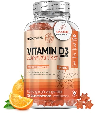 Vitamin D3 Kinder Gummibärchen - 1000 IE Cholecalciferol - 120 Sonnenvitamine Orangen Fruchtgummies - 1 vegetarisches Gummibärchen alle 2 Tage - Für Kinder von 3 bis 12 Jahren - Glutenfrei - maxmedix