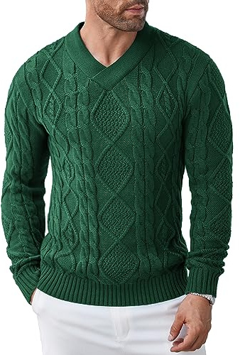 COOFANDY herrtröja vinter V-ringad smal passform stickad tröja varm finstickad tröja tröja för män, Grön, XL