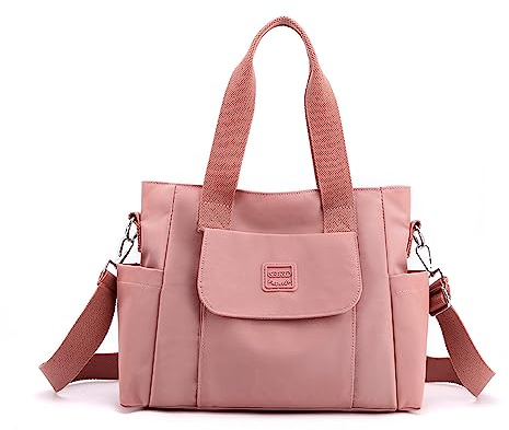 YANAIER Damen Handtasche Umhängetasche Multi Fach Shopper Schultertasche Wasserdicht Nylon Henkeltasche für Reisen Schule Arbeit Rosa