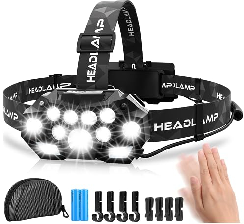 Stirnlampe, LED, sehr leistungsstark, 20.000 Lumen, 11 LED, 22 Leuchtmodi, Stirnlampe, LED, wiederaufladbar, mit Bewegungssensor, IPX4, wasserdicht, Stirnlampe für Angeln, Camping, Radfahren, Wandern