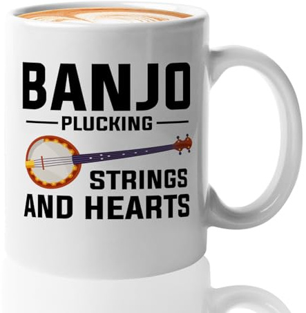 Banjo Coffee Mug 11oz White -Banjo plucking strings - Music Lovers Musician Banjo Country Music Playing Instrument