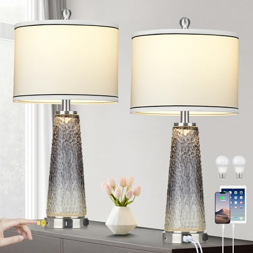 Glass Table Lamp Set of 2, 26 Modern Table Lamps with USB A+C Ports & AC Outlet, Touch Control Bedside Nightstand Lamp with LED Night Light for Living Room Bedroom Home Decor Black(4 Bulbs Included)