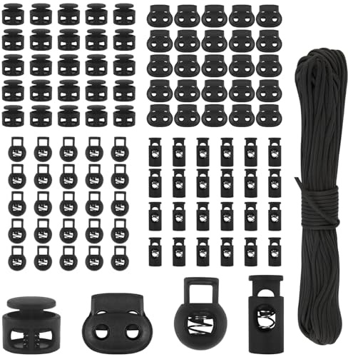 Samulee 100 Stück Kordelklemme Kordelstopper Schwarz 3.5mm/4.5mm/5mm/6mm, 4-Stile Schnurstopper für Jacke, Sportkleidung, Rucksack (100 Stück, 4-Stile)